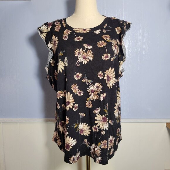 Maurices 1X Black Cream Yellow Floral Crewneck Ruffle Cap Sleeve Summer Blouse - Picture 1 of 10